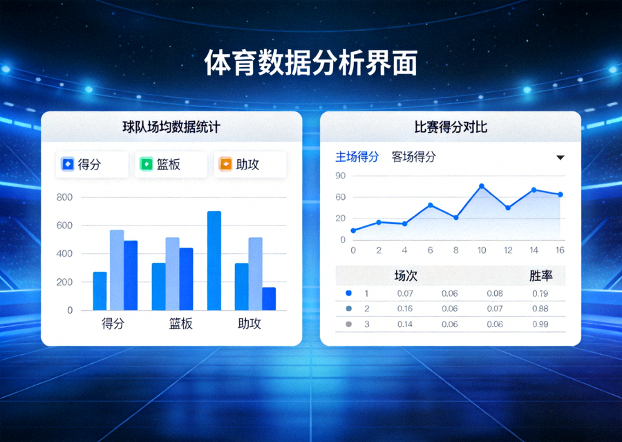 体育数据分析界面示意图，展示球队统计图表与比赛数据对比
