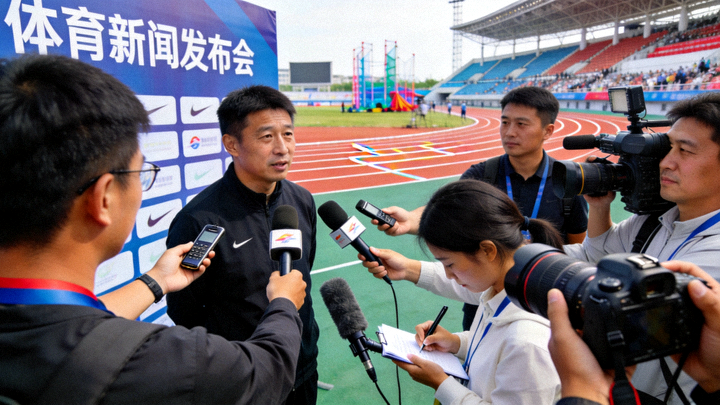 体育新闻发布现场，记者在赛场边进行采访与记录